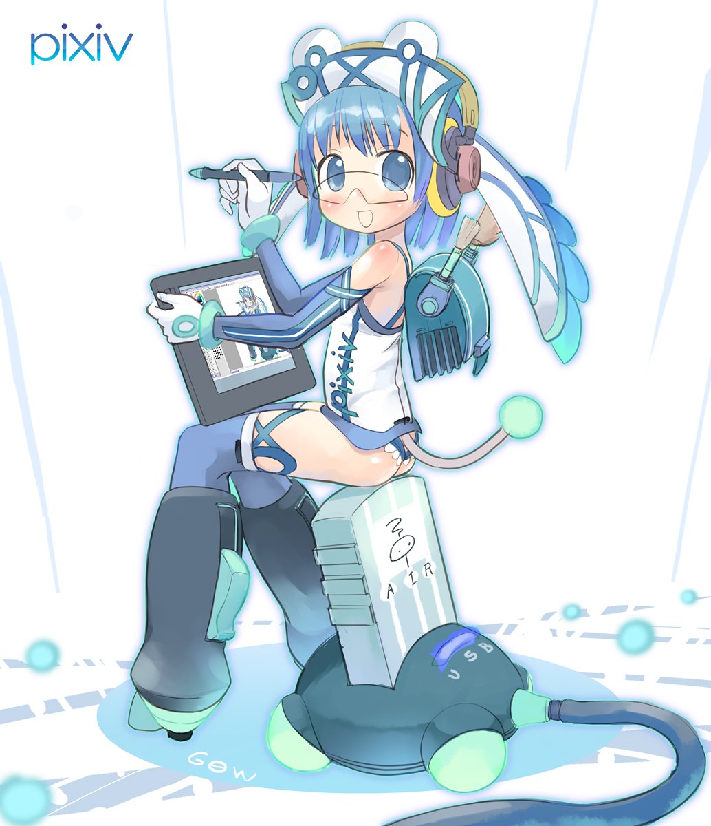 tougetsu gou, pixiv-tan, pixiv, highres, blue eyes, blue hair, cable, drawing (action), drawing tablet, solo