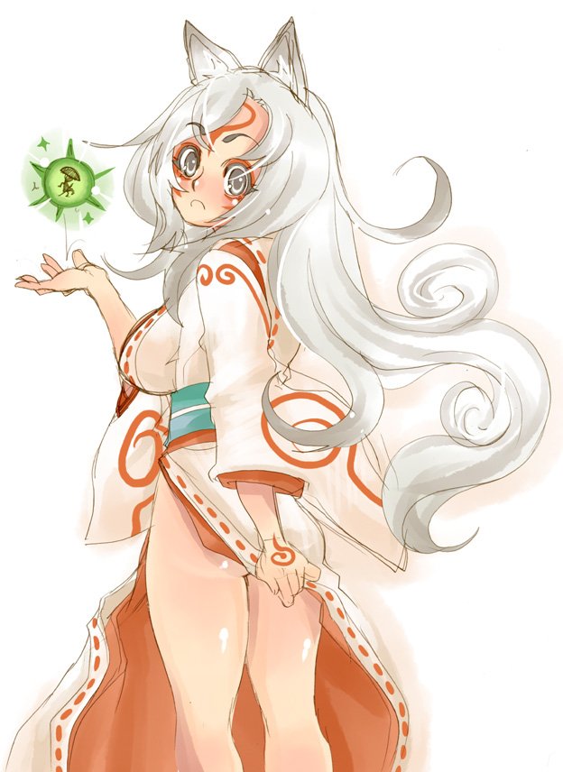 tsuutenkaaku, amaterasu (ookami), issun, ookami (game), 1girl, animal ears, back, blush, covering ass, covering privates, curly hair, grey eyes, japanese clothes, kimono, legs, long hair, mini person, miniboy, personification, white hair