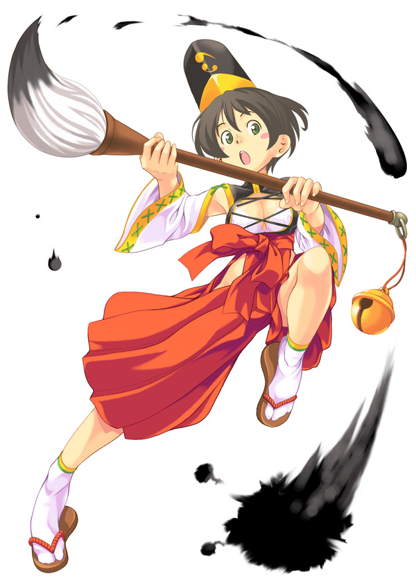 mannen hitsu, brush, 1girl, adapted uniform, bell, brown hair, female focus, green eyes, japanese clothes, miko, nontraditional miko, oversized object, short hair, solo