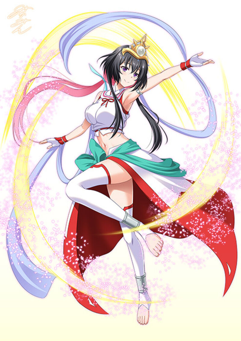 mikamin, tsukimiya (onmyou kaiten re:birth), commission, skeb commission, 1girl, arm up, black hair, breasts, colored inner hair, fingerless gloves, gloves, headpiece, long hair, multicolored hair, navel, onmyou kaiten re:birth, purple eyes, smile, solo, thighhighs, toeless legwear, white background, white thighhighs