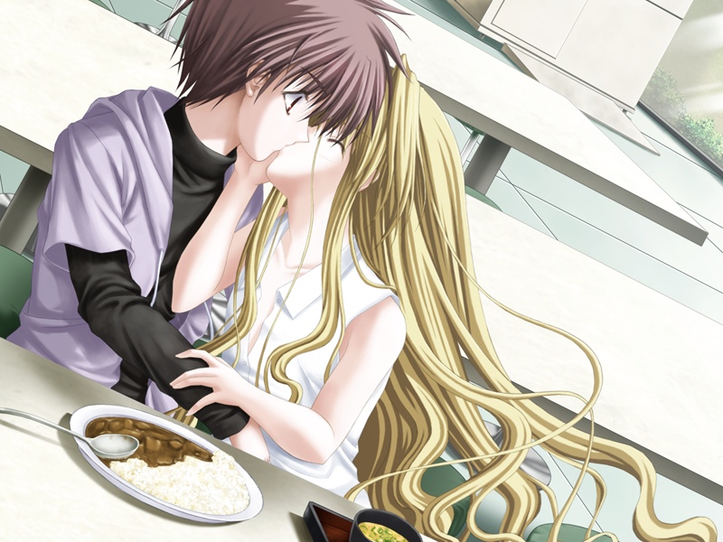 araki maki, atemiya shinobu, gene blanchett, saihate no ima, arm grab, game cg, 1boy, 1girl, blonde hair, bowl, closed eyes, couple, curry, dutch angle, flat chest, food, grey hair, hand on another's face, hetero, hood, hoodie, kiss, long hair, open clothes, open shirt, red eyes, rice, shirt, short hair, sitting, sleeveless, sleeveless shirt, spiked hair, spoon, table, turtleneck, very long hair, wavy hair, window