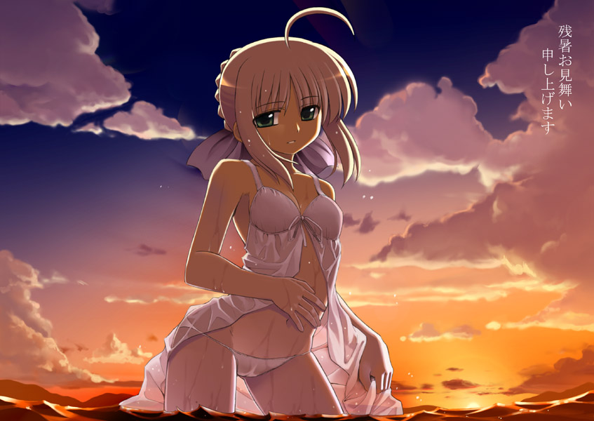 namonashi, artoria pendragon (fate), saber (fate), fate/stay night, fate (series), 00s, 1girl, ahoge, babydoll, bikini, breasts, female focus, lingerie, lowleg, lowleg panties, outdoors, panties, sky, small breasts, solo, sunset, swimsuit, twilight, underwear, underwear only, wading, water, wet, wet clothes, zanshomimai