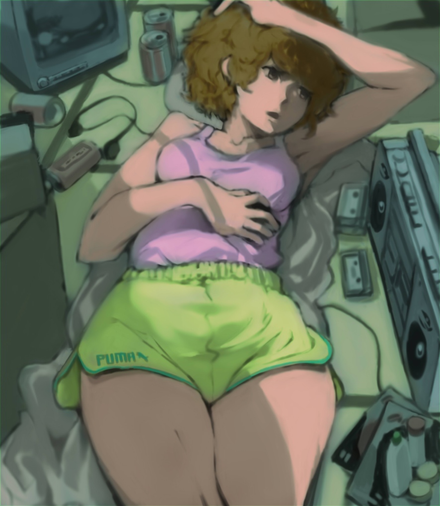tomioka jirou, 1980s (style), 1girl, boombox, brown hair, can, crt, female focus, headphones, legs, lying, oldschool, product placement, retro artstyle, short hair, shorts, solo, tank top, television, thighs