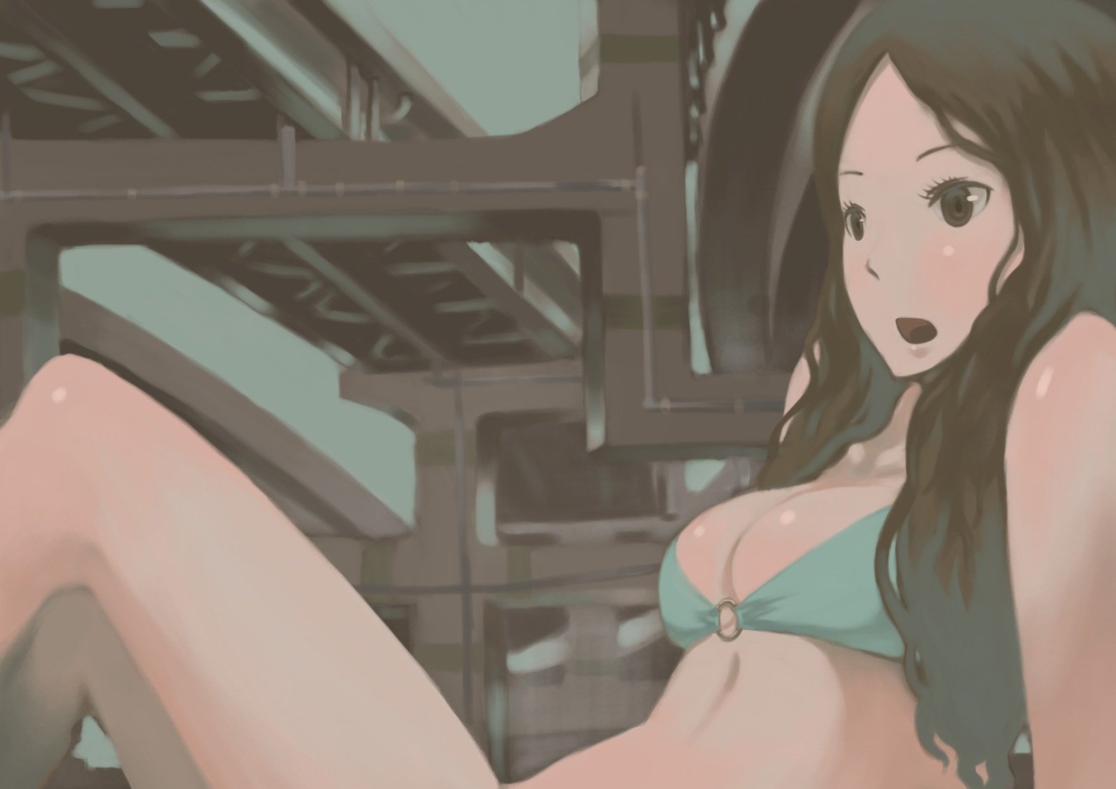 tomioka jirou, aqua bikini, bikini, black eyes, brown hair, legs, long hair, lying, solo, swimsuit