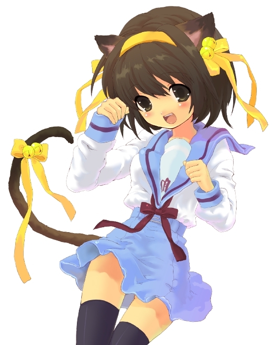 tomako, suzumiya haruhi, suzumiya haruhi no yuuutsu, 00s, animal ears, cat ears, cat tail, school uniform, serafuku, solo, tail, thighhighs, zettai ryouiki