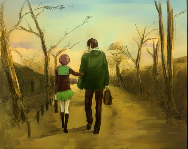 nibi (pixiv13862), kyon, nagato yuki, suzumiya haruhi no yuuutsu, 00s, 1boy, 1girl, back, bag, black socks, cardigan, holding own arm, kneehighs, loafers, scarf, school bag, school uniform, serafuku, shoes, short hair, skirt, socks, sunset, tree