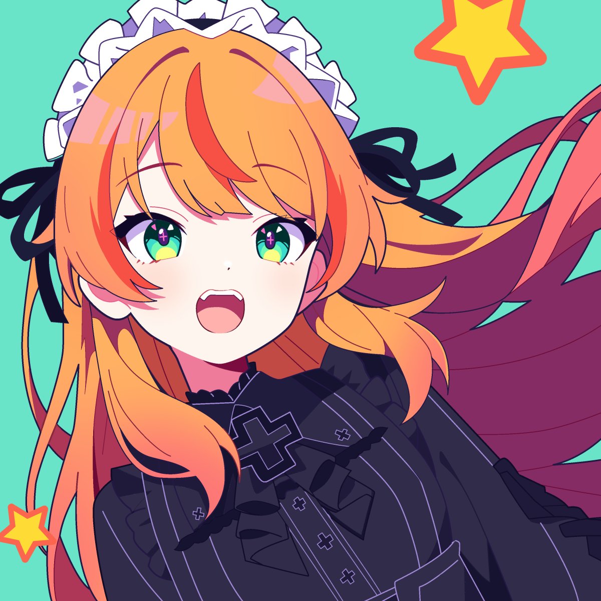 reject (esports), highres, 1girl, black bow, black dress, black ribbon, bow, cross, cross-shaped pupils, cross print, dress, dutch angle, frilled dress, frills, green background, green eyes, hair ribbon, head tilt, kerinaharaini, long hair, maid headdress, open mouth, orange hair, ribbon, rosec pin, simple background, solo, star (symbol), symbol-shaped pupils, teeth, upper body, virtual youtuber