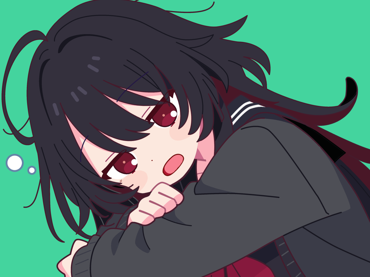 kisaragi ren (5th costume), kisaragi ren (vtuber), iris black games, vspo!, 1girl, ahoge, black hair, black sailor collar, blush stickers, cardigan, colored inner hair, crossed arms, dutch angle, green background, grey cardigan, hair between eyes, jitome, kerinaharaini, long hair, multicolored hair, neckerchief, open mouth, red eyes, red hair, red neckerchief, sailor collar, school uniform, serafuku, simple background, solo, upper body, virtual youtuber