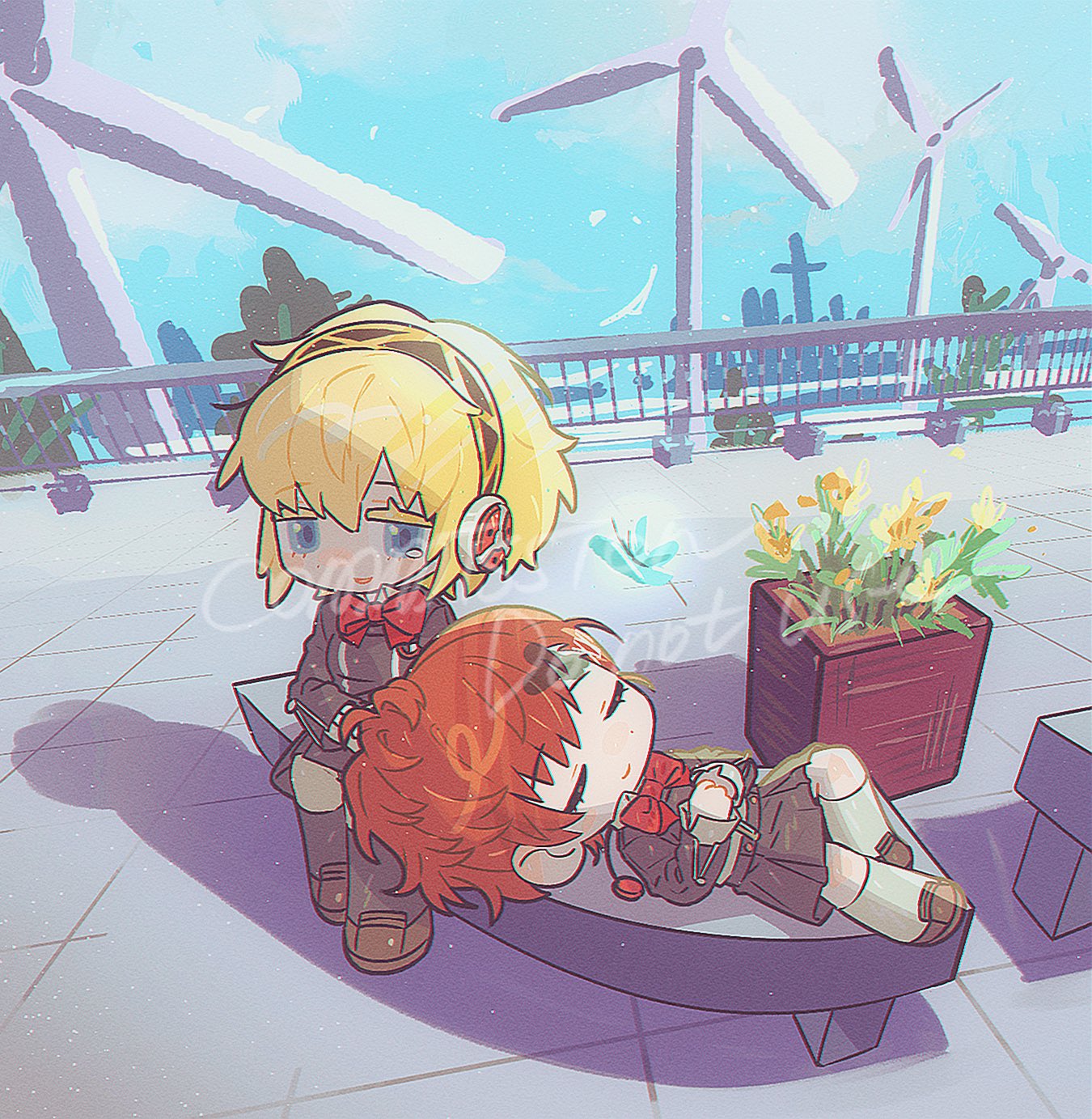 n (chttan lc), aigis (persona), shiomi kotone, persona, persona 3, highres, 2girls, alternate costume, blonde hair, blue eyes, blue sky, bow, bowtie, bug, butterfly, chibi, chibi only, closed eyes, closed mouth, cloud, cloudy sky, couple, curly hair, flower, hair between eyes, happy, headband, humanoid robot, insect, light smile, long sleeves, looking down, looking to the side, lying, multiple girls, on back, open mouth, outdoors, pillar, red bow, red bowtie, red hair, robot, robot girl, school uniform, shade, shadow, short hair, sitting, skirt, sky, sleeping, smile, tearing up, thighhighs, white thighhighs, yuri