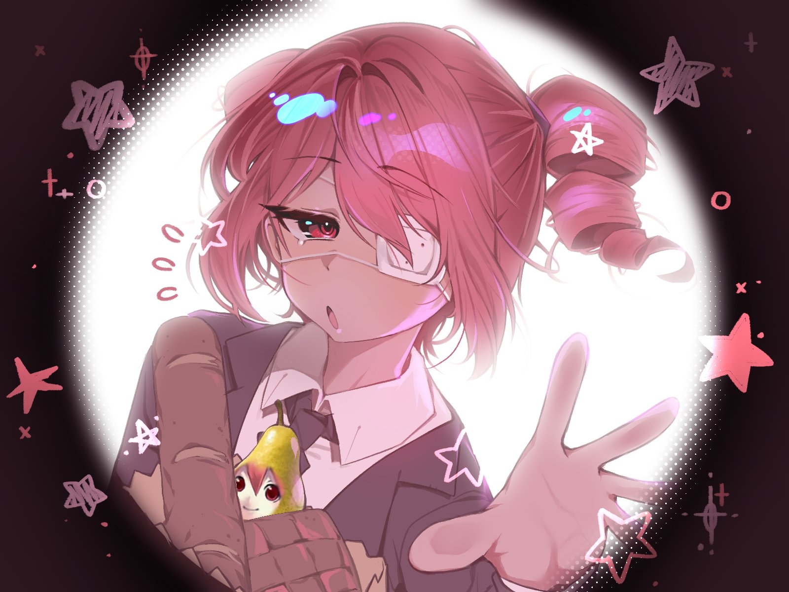 pearto, monitoring (vocaloid), utau, commentary, highres, symbol-only commentary, 1girl, bag, baguette, black jacket, black necktie, bread, closed mouth, collared shirt, danchoo, drill hair, eyepatch, food, fruit, jacket, looking at viewer, medical eyepatch, necktie, open mouth, paper bag, pear, pov peephole, red eyes, red hair, shirt, simple background, smile, star (symbol), twin drills, white background, white shirt