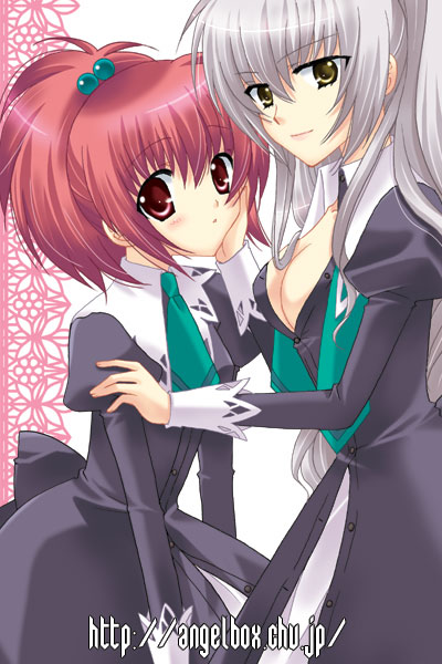 hazuki ruka, aoi nagisa, hanazono shizuma, strawberry panic!, arm grab, silver hair, 00s, 2girls, blush, breasts, cleavage, dress, hair bobbles, hair ornament, long hair, multiple girls, necktie, no bra, ponytail, red eyes, red hair, school uniform, serafuku, short hair, smile, very long hair, yellow eyes, yuri