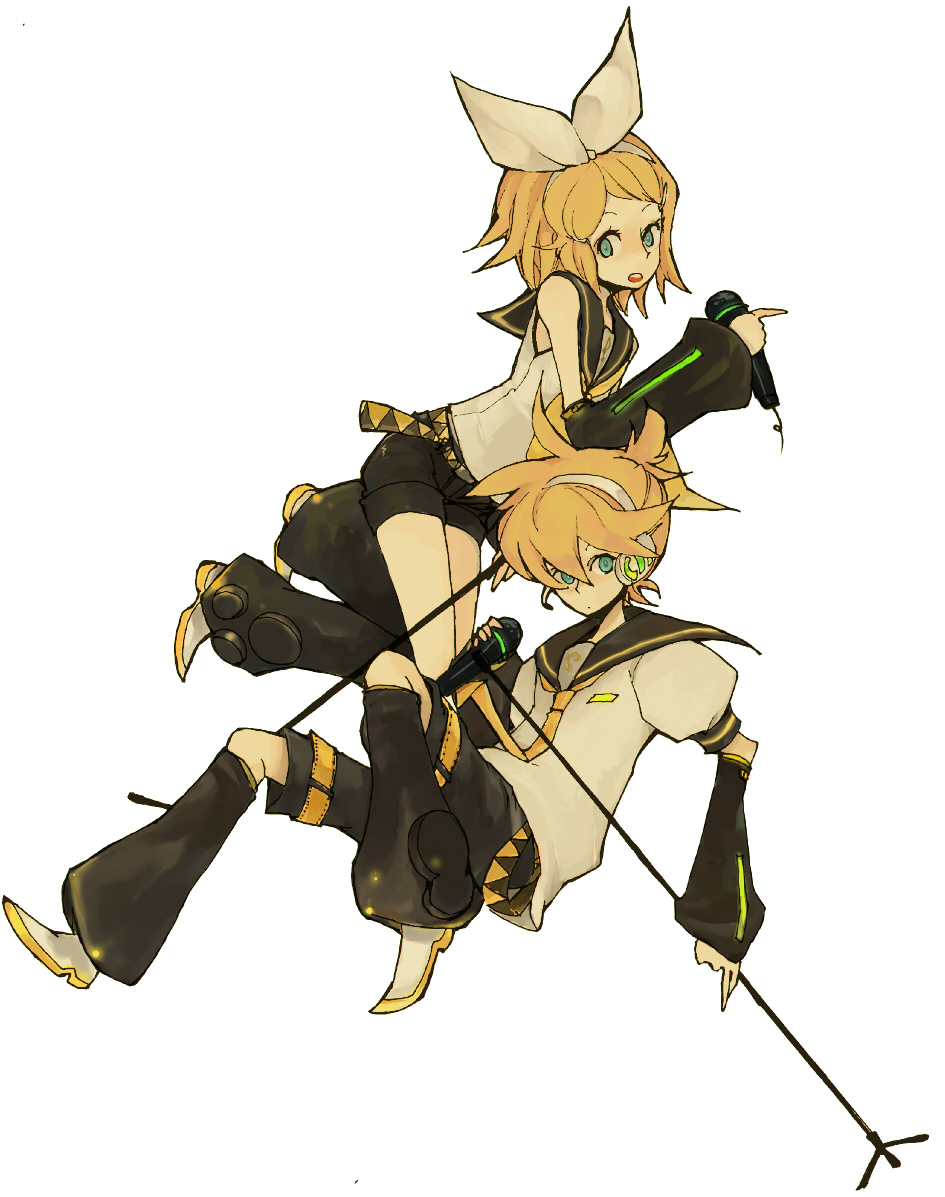 l hakase, kagamine len, kagamine rin, vocaloid, bad id, bad pixiv id, 1boy, 1girl, brother and sister, microphone, microphone stand, siblings, twins