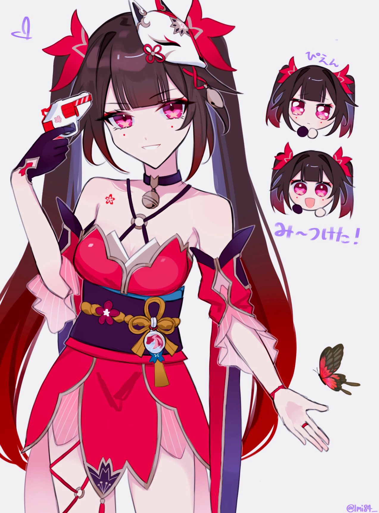 moe (lmi84), sparkle (honkai: star rail), honkai: star rail, honkai (series), commentary request, highres, 1girl, bare shoulders, bell, black choker, black gloves, black sash, breasts, brown hair, bug, butterfly, butterfly-shaped pupils, choker, cowboy shot, criss-cross halter, detached sleeves, dress, flower tattoo, fox mask, gloves, grey background, grin, gun, gun to head, halterneck, handgun, heart, holding, holding gun, holding weapon, insect, long hair, looking at viewer, mark under both eyes, mask, mask on head, multiple views, neck bell, o-ring, o-ring top, open mouth, pink eyes, red dress, red sleeves, revolver, sash, simple background, single glove, smile, snubnosed revolver, symbol-shaped pupils, tattoo, twintails, weapon