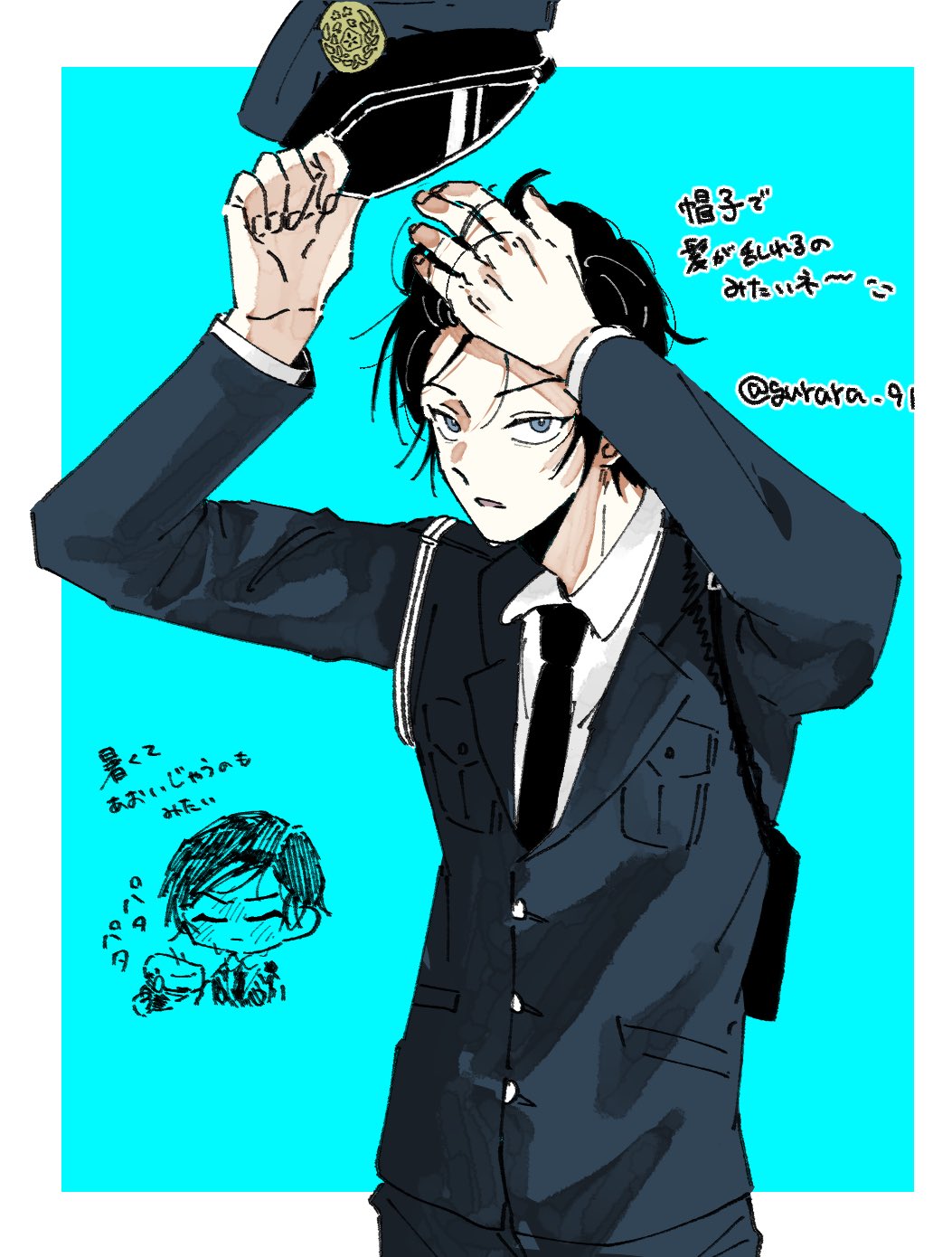 gurara 91, meitantei conan, commentary request, highres, 1boy, aqua background, black hair, black necktie, hat, holding, holding unworn clothes, holding unworn hat, male focus, morofushi takaaki, multiple views, necktie, police, police uniform, policeman, shirt, short hair, twitter username, unworn hat, unworn headwear, upper body, white shirt