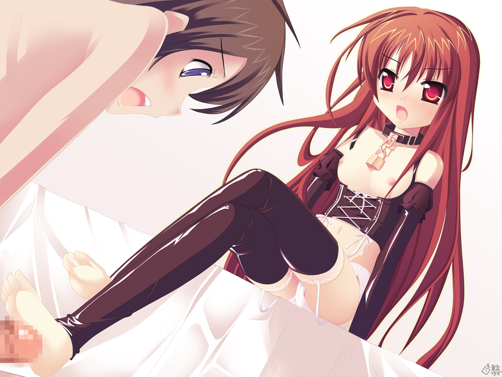 natsumiya yuzu, sakai yuuji, shana, shakugan no shana, 00s, 1boy, 1girl, barefoot, bdsm, black thighhighs, blush, breasts, brown hair, censored, collar, crossed legs, dominatrix, elbow gloves, feet, femdom, footjob, gloves, hetero, latex, lock, loli, long hair, medium breasts, mosaic censoring, nipples, open mouth, padlock, panties, penis, purple eyes, red eyes, red hair, shiny clothes, short hair, sitting, slave, soles, thighhighs, underwear, white panties