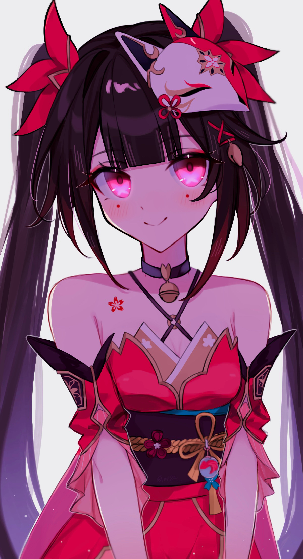 moe (lmi84), sparkle (honkai: star rail), honkai: star rail, honkai (series), commentary request, highres, 1girl, bare shoulders, bell, black choker, black hair, black sash, breasts, butterfly-shaped pupils, choker, criss-cross halter, detached sleeves, dress, flower tattoo, fox mask, grey background, halterneck, jingle bell, long hair, looking at viewer, mark under both eyes, mask, mask on head, neck bell, pink eyes, red dress, red sleeves, sash, simple background, smile, solo, symbol-shaped pupils, tattoo, twintails