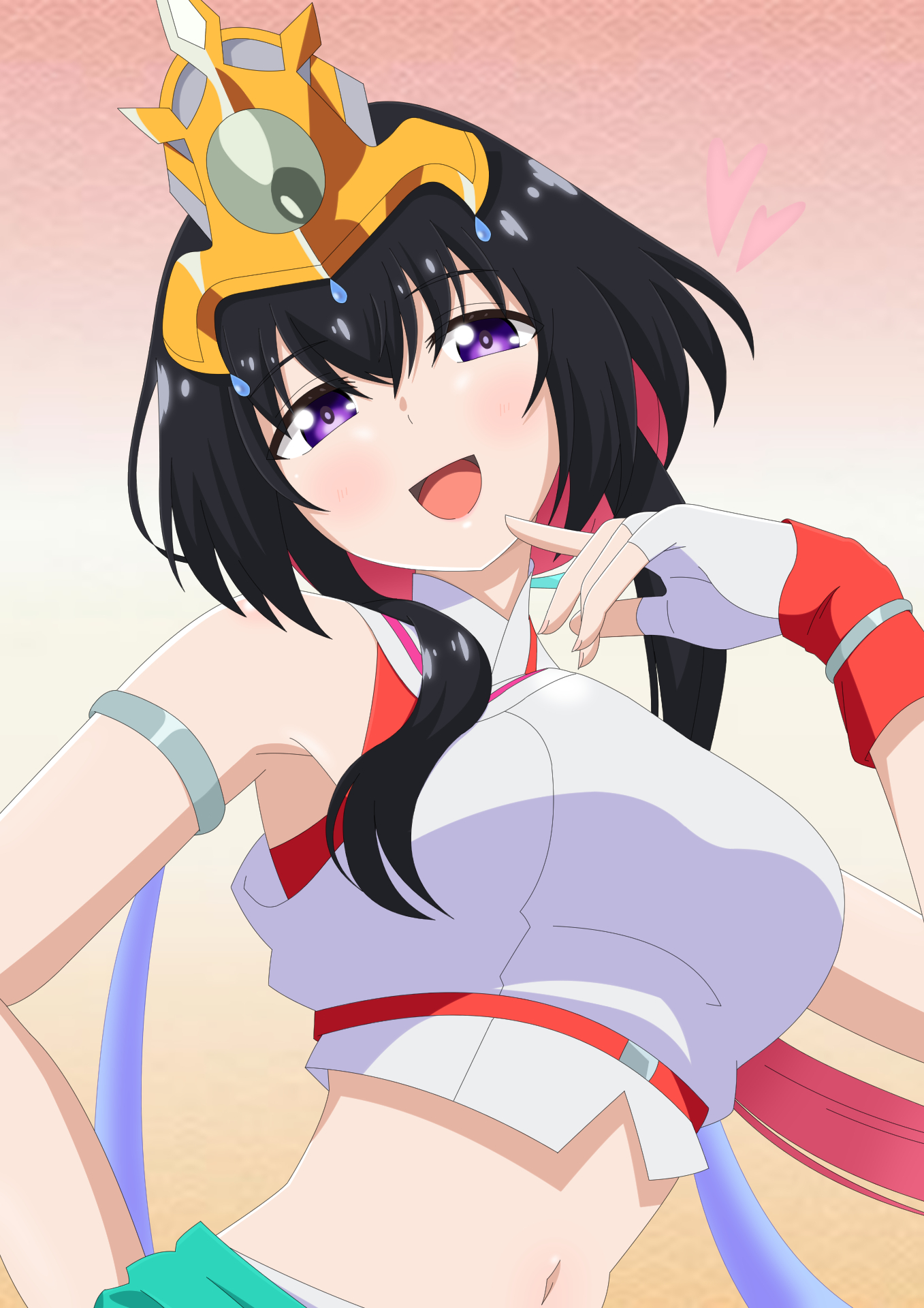 oogami shiro (artist), tsukimiya (onmyou kaiten re:birth), highres, 1girl, :d, armlet, black hair, colored inner hair, fingerless gloves, gloves, gradient background, hand up, jewelry, midriff, multicolored hair, navel, onmyou kaiten re:birth, open mouth, purple eyes, short hair with long locks, smile, solo, white gloves