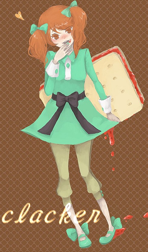 cotan (tinami), cracker-chan, bad id, bad pixiv id, cracker, english text, engrish text, food, jam, ranguage, ribbon, solo, twintails