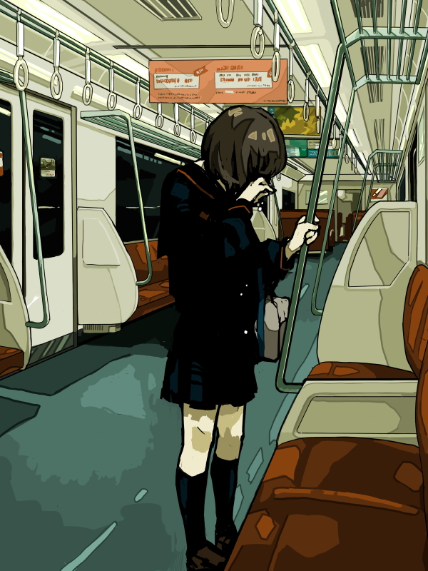 haruo (clownberry), 1girl, black socks, brown hair, brown shoes, female focus, kneehighs, school uniform, serafuku, shoes, socks, solo, tears, train, train interior, vanishing point