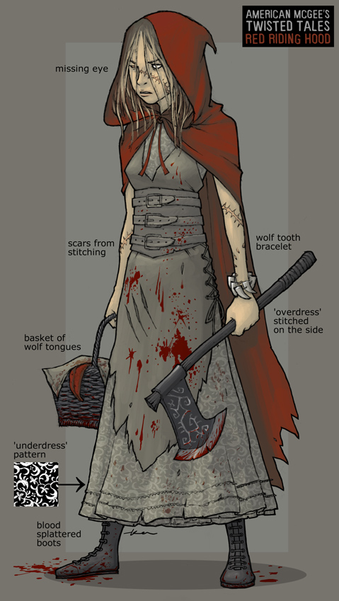 american mcgee, american mcgee (artist), little red riding hood (fairy tale character), little red riding hood (fairy tale), concept art, 1girl, axe, basket, belt, blonde hair, blood, boots, cape, coat, corset, dress, female focus, full body, hood, lace-up boots, one-eyed, red cape, red coat, scar, scar on face, scar on nose, solo, weapon