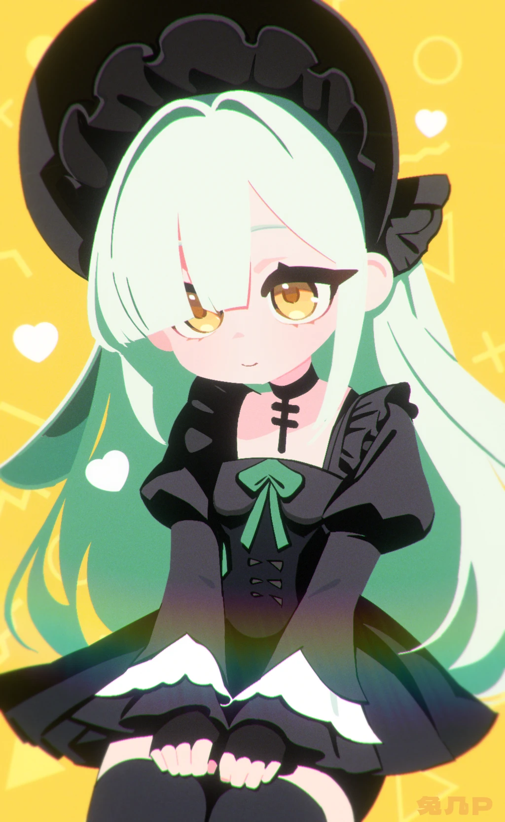 tuji p, wakaba mutsumi, bang dream!, bang dream! it's mygo!!!!!, highres, 1girl, animal ears, black bonnet, black dress, black gloves, black thighhighs, blunt bangs, bonnet, closed mouth, cowboy shot, dress, floppy ears, gloves, gothic lolita, green hair, hair over one eye, heart, lolita fashion, long hair, long sleeves, looking at viewer, no lineart, rabbit ears, rabbit girl, sidelocks, sitting, smile, solo, thighhighs, wakaba mutsumi (marionette's id), yellow background, yellow eyes