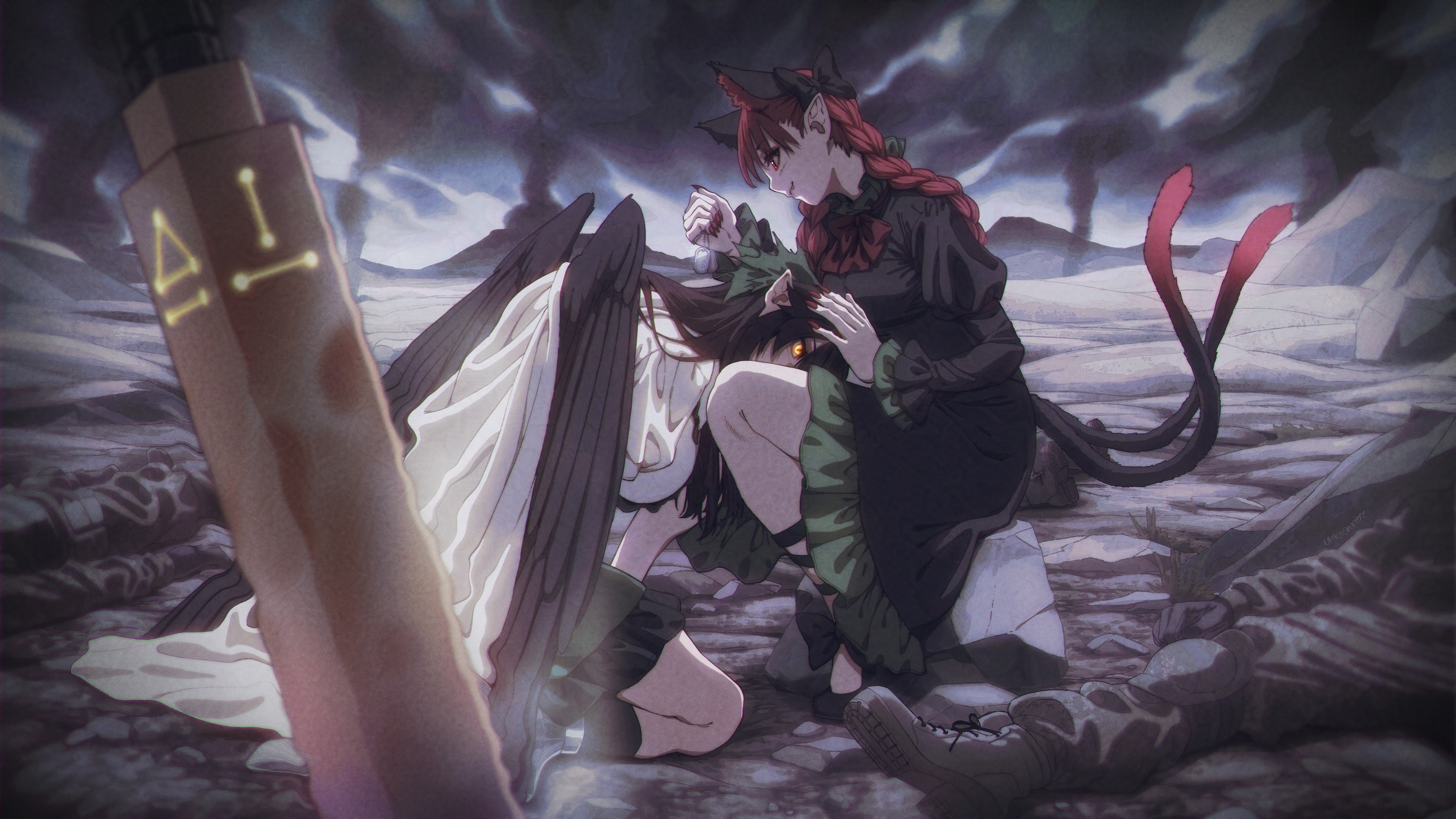 ultragruntyy, kaenbyou rin, reiuji utsuho, touhou, absurdres, commission, highres, 2girls, animal ears, bird wings, black wings, blurry, blurry foreground, bow, braid, brown hair, cape, cat ears, cat tail, closed mouth, corpse, dog tags, dress, extra ears, fang, fang out, feathered wings, fingernails, frilled dress, frilled skirt, frilled sleeves, frills, full body, glowing, glowing eye, hair bow, hand on another's head, head between thighs, heat haze, holding dog tags, kneeling, leaning back, long hair, long sleeves, multiple girls, multiple tails, nail polish, nekomata, outdoors, pointy ears, red hair, red nails, sharp fingernails, shirt, sitting, skirt, smile, smoke, sweat, tail, two tails, white cape, wings, yellow eyes