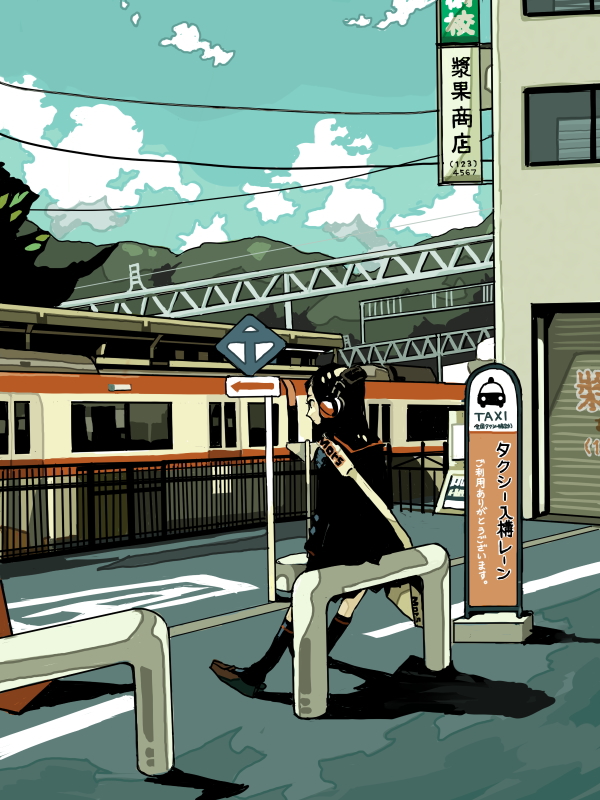 haruo (clownberry), original, tagme, 1girl, black hair, female focus, headphones, multiple unit train, solo, train