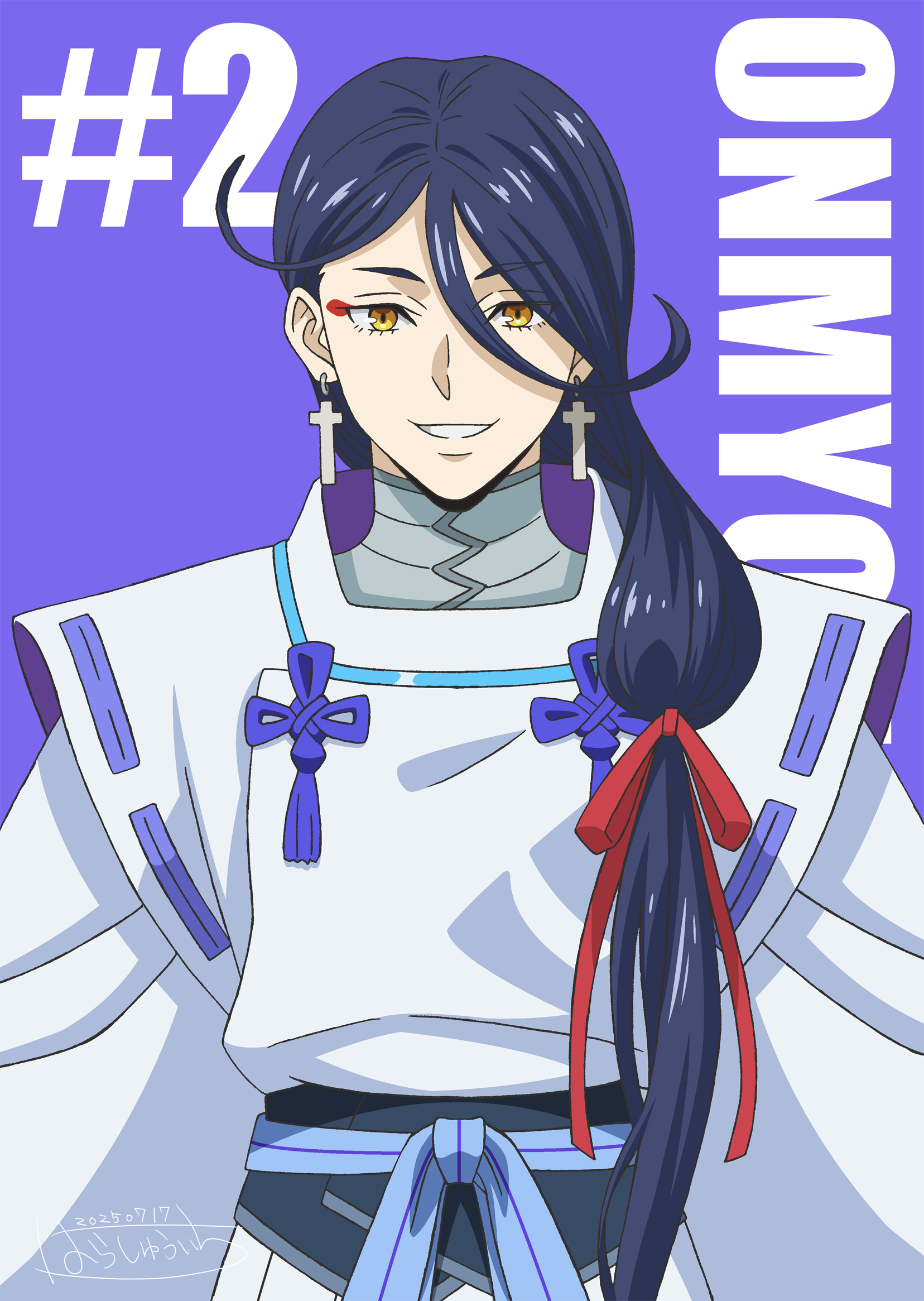 harasyu1, highres, 1boy, abe no seimei (onmyou kaiten re:birth), black hair, copyright name, cross, cross earrings, dated, earrings, eyeliner, hair between eyes, japanese clothes, jewelry, long hair, looking at viewer, makeup, male focus, onmyou kaiten re:birth, red eyeliner, smile, solo, upper body, yellow eyes