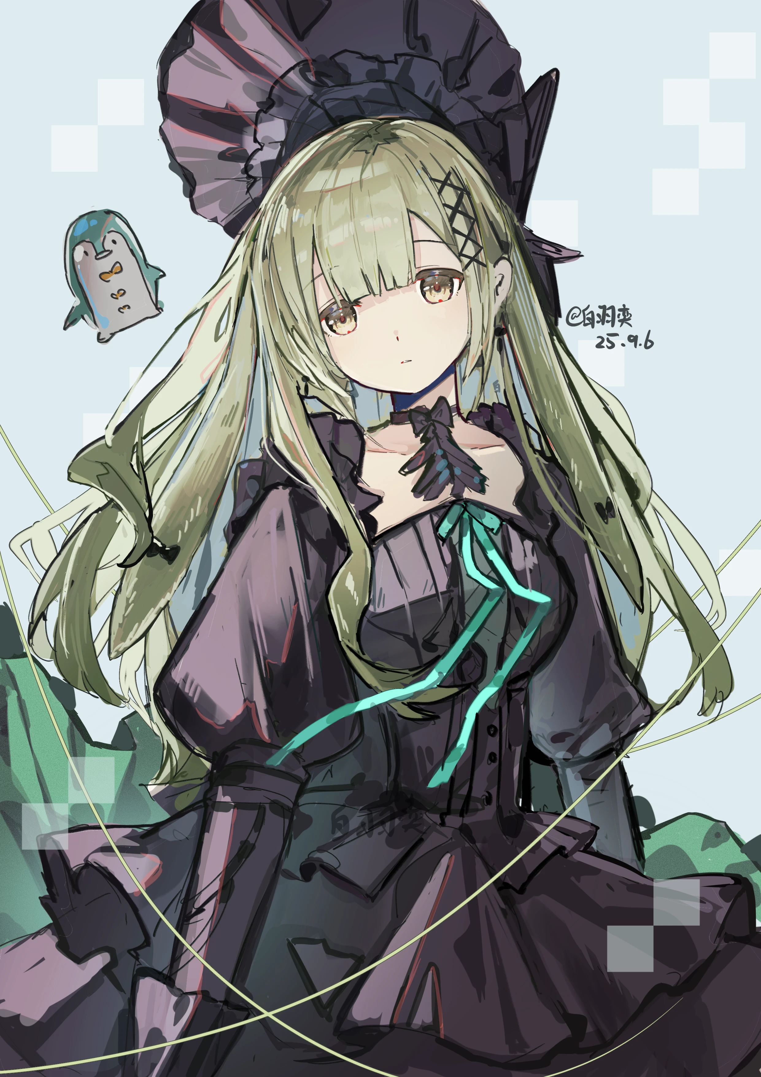 baiyuyi, wakaba mutsumi, arknights, bang dream!, bang dream! it's mygo!!!!!, absurdres, highres, 1girl, animal ears, arms at sides, bird, black bonnet, black dress, blunt bangs, bonnet, cowboy shot, dress, expressionless, floppy ears, gothic lolita, green hair, green ribbon, grey background, hair ornament, lolita fashion, long hair, long sleeves, looking at viewer, parted lips, penguin, rabbit ears, rabbit girl, ribbon, sidelocks, solo, standing, wakaba mutsumi (marionette's id), x hair ornament, yellow eyes
