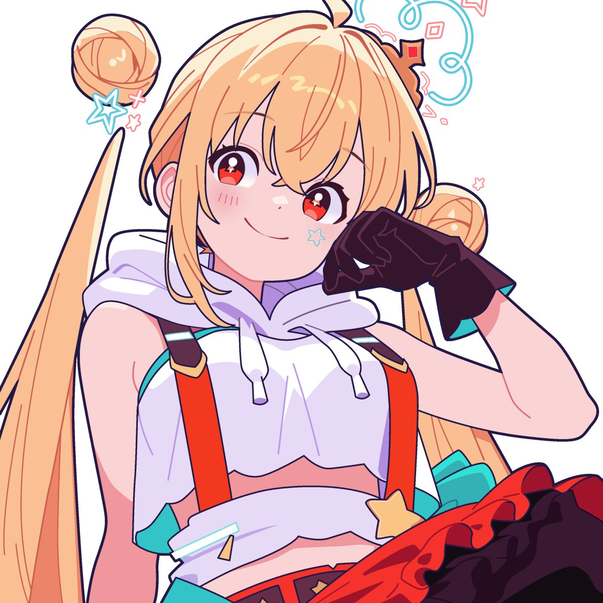 tooko (vtuber), reject (esports), highres, 1girl, ahoge, black gloves, blonde hair, blush, crop top, crown, detached hair, detached hood, double bun, facial mark, gloves, hair between eyes, hair bun, head rest, kerinaharaini, long hair, midriff peek, mini crown, red eyes, red skirt, simple background, skirt, star-shaped pupils, star (symbol), suspenders, symbol-shaped pupils, twintails, upper body, virtual youtuber, white background