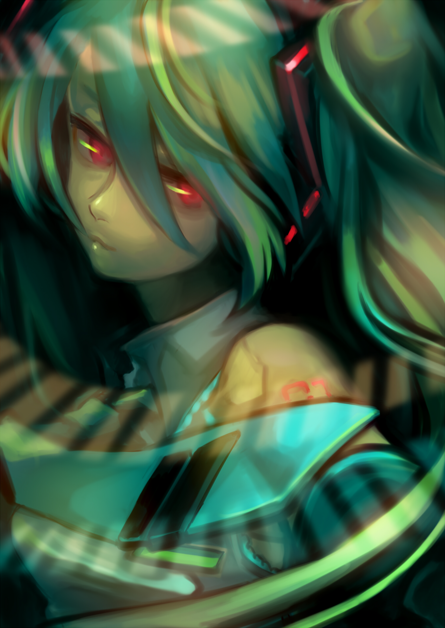haruo (clownberry), hatsune miku, vocaloid, highres, 1girl, female focus, green hair, red eyes, solo