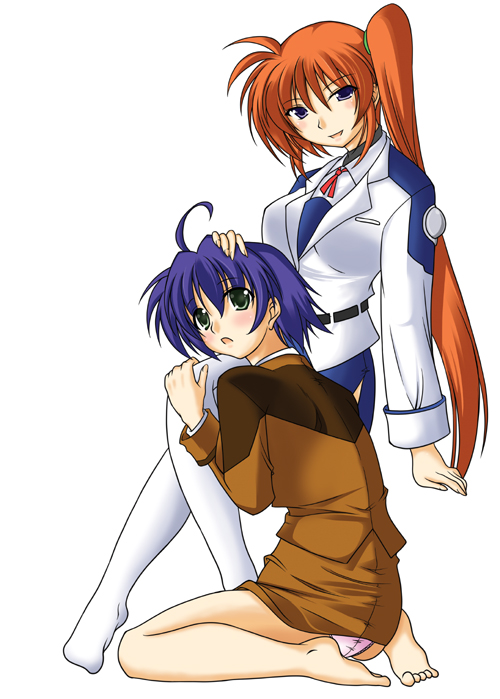 subaru nakajima, takamachi nanoha, lyrical nanoha, mahou shoujo lyrical nanoha, mahou shoujo lyrical nanoha strikers, non-web source, 00s, 2girls, barefoot, kneeling, multiple girls, panties, sitting, thighhighs, underwear, yuri