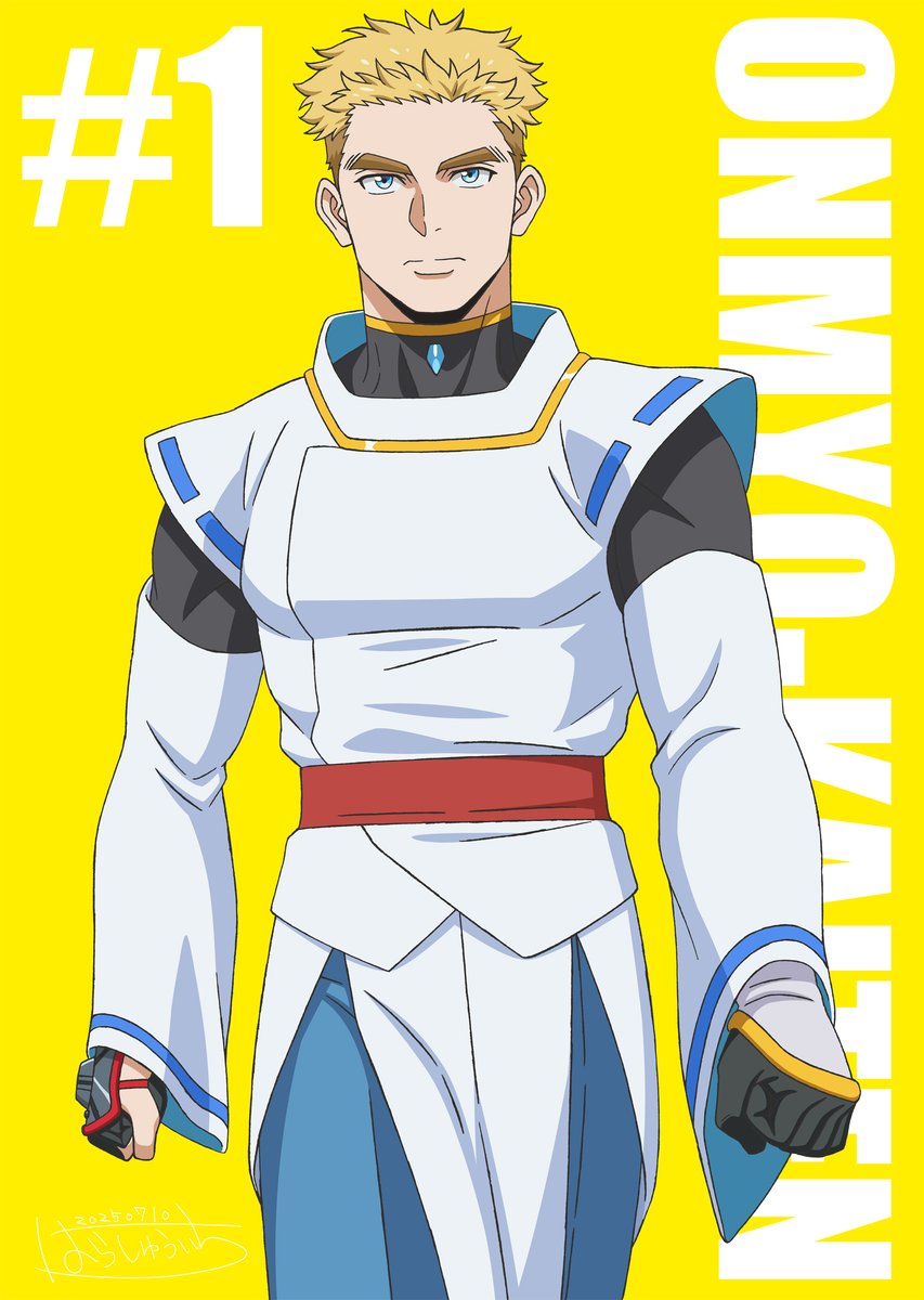 harasyu1, highres, 1boy, atsunaga (onmyou kaiten re:birth), blonde hair, blue eyes, clenched hands, frown, japanese clothes, male focus, onmyou kaiten re:birth, short hair, thick eyebrows, yellow background