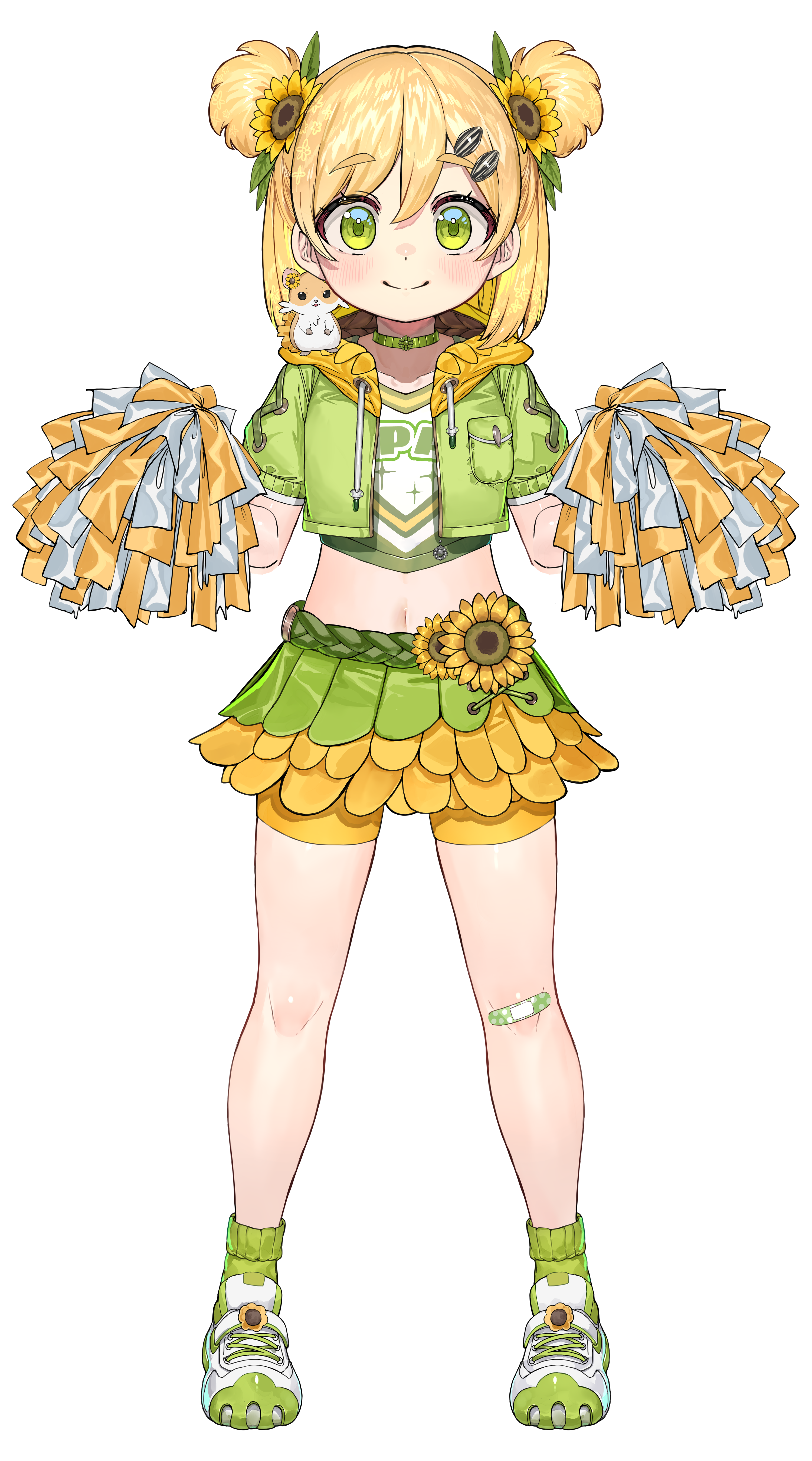 ranf, hani hima (v-dere), v-dere, absurdres, highres, official art, 1girl, animal, bandaid, bandaid on knee, bandaid on leg, bike shorts, cheerleader, closed mouth, double bun, flower, full body, green eyes, green jacket, green shoes, green skirt, green socks, hair bun, hair flower, hair ornament, hamuhima (hani hima), hood, hood down, hooded jacket, jacket, looking at viewer, midriff, navel, pom pom (cheerleading), shoes, short hair, shorts, skirt, smile, socks, sunflower, sunflower hair ornament, tachi-e, transparent background, yellow flower, yellow shorts