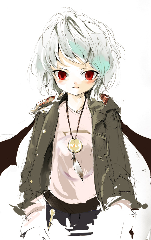 shunsei (muratou), remilia scarlet, touhou, 1girl, alternate costume, casual, contemporary, female focus, red eyes, solo, wings