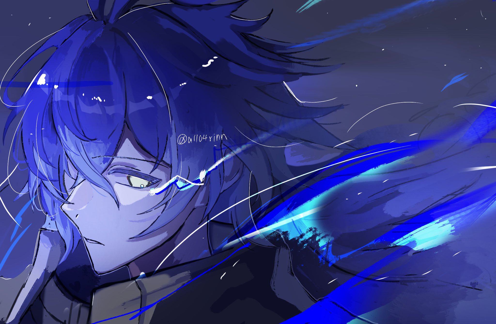 flins (genshin impact), genshin impact, commentary request, highres, 1boy, a1104rinn, antenna hair, black coat, blue fire, blue hair, coat, collared coat, curly hair, fire, flaming eye, from side, glowing, gradient hair, hair between eyes, light particles, long hair, looking at viewer, looking to the side, multicolored hair, parted lips, shade, solo, standing, twitter username, upper body, yellow eyes