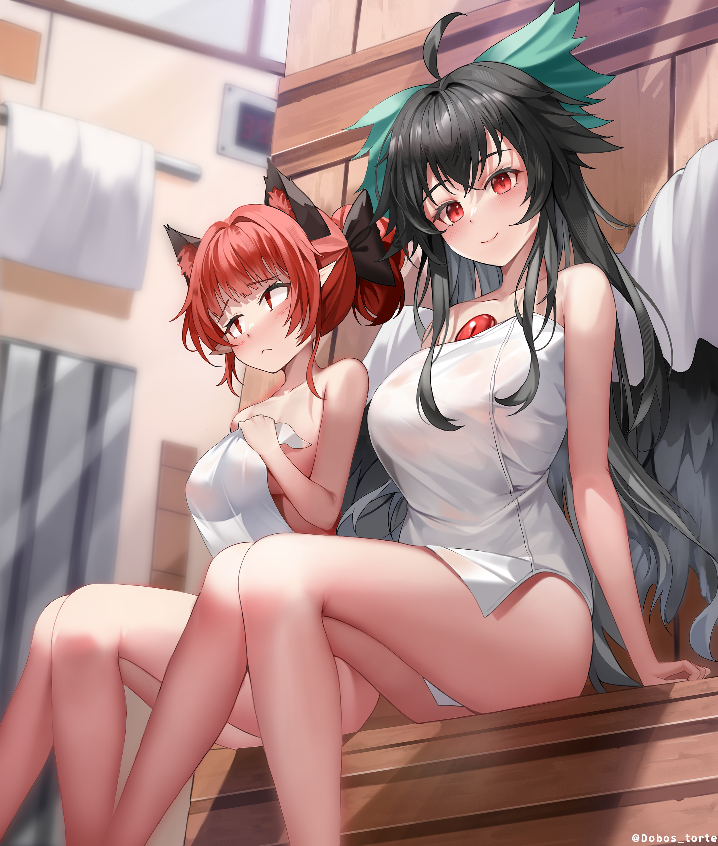 dobostorte, kaenbyou rin, reiuji utsuho, touhou, absurdres, highres, 2girls, animal ears, arms behind back, black bow, black hair, black wings, blush, bow, breasts, cat ears, cat girl, feathered wings, from below, frown, green bow, hair between eyes, hair bow, hand on own chest, hand up, large breasts, long hair, looking at viewer, looking down, medium breasts, multiple girls, naked towel, red eyes, red hair, sitting, smile, third eye, towel, very long hair, wings