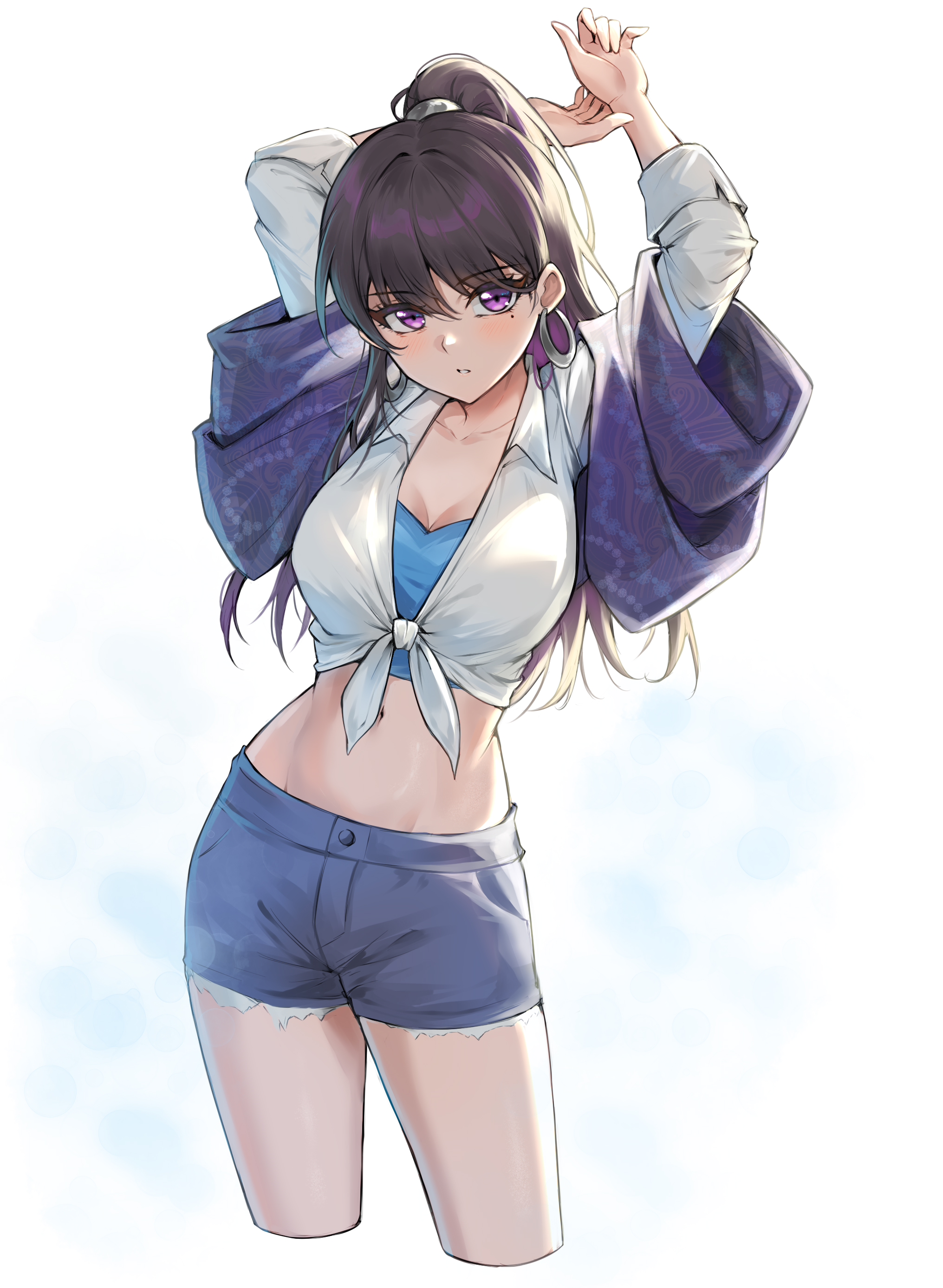 unique (pixiv12704744), shiina taki, bang dream!, bang dream! it's mygo!!!!!, absurdres, commentary, highres, 1girl, black hair, blue shorts, breasts, cleavage, earrings, jewelry, large breasts, long hair, looking at viewer, navel, open mouth, ponytail, purple eyes, shirt, shorts, simple background, solo, stomach, tied shirt, white background, white shirt