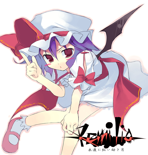 ooba kagerou, remilia scarlet, touhou, 1girl, bat wings, female focus, hat, red eyes, solo, white background, wings