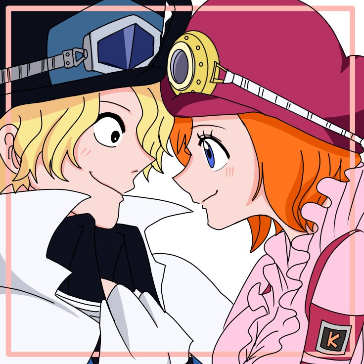 koala (one piece), sabo (one piece), one piece, commentary request, korean commentary, 1boy, 1girl, ascot, black shirt, blue eyes, blush, frilled shirt, frills, goggles, goggles on headwear, hat, julgi212, pink shirt, profile, shirt, short hair, simple background, smile, white ascot, white background