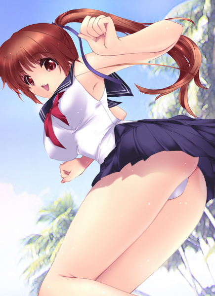 iizuki tasuku, kasumi (doa), dead or alive, tecmo, 1girl, armpits, brown hair, female focus, hair ribbon, panties, ponytail, red eyes, ribbon, school uniform, serafuku, solo, underwear, white panties
