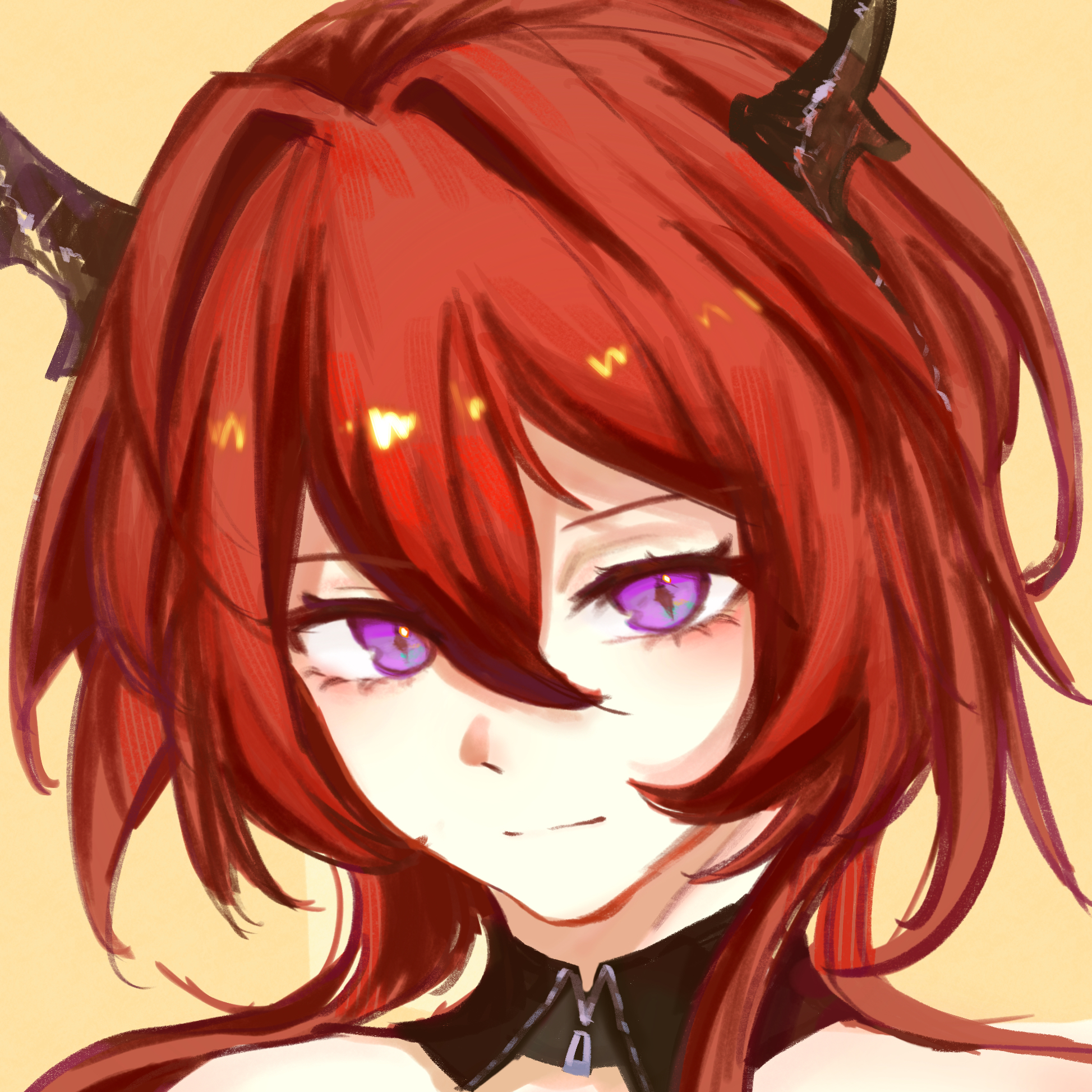 surtr (arknights), arknights, chinese commentary, commentary request, highres, 1girl, hair intakes, horns, long hair, looking at viewer, portrait, purple eyes, red hair, simple background, solo, yellow background, yumi (luhuixianzifaliwubian)