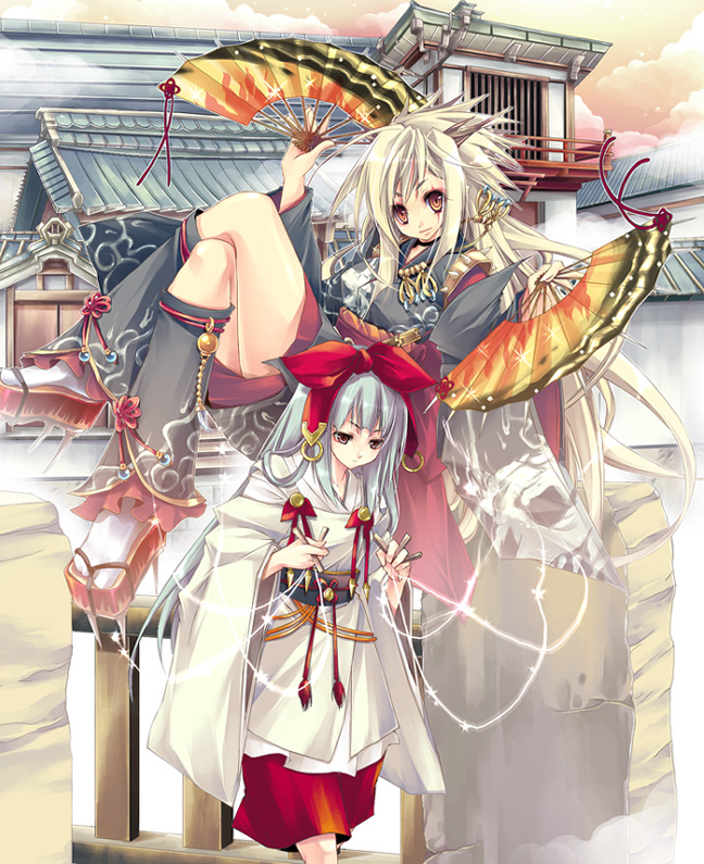 ta kaana, original, silver hair, 2girls, blonde hair, brown eyes, dual wielding, folding fan, hand fan, holding, japanese clothes, kimono, long hair, multiple girls, orange eyes, tabi, very long hair
