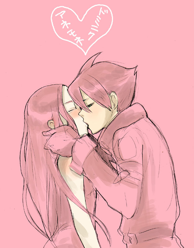 anemone (eureka seven), dominic sorel, eureka seven, eureka seven (series), 00s, 1boy, 1girl, blush, couple, hetero, kiss, long hair