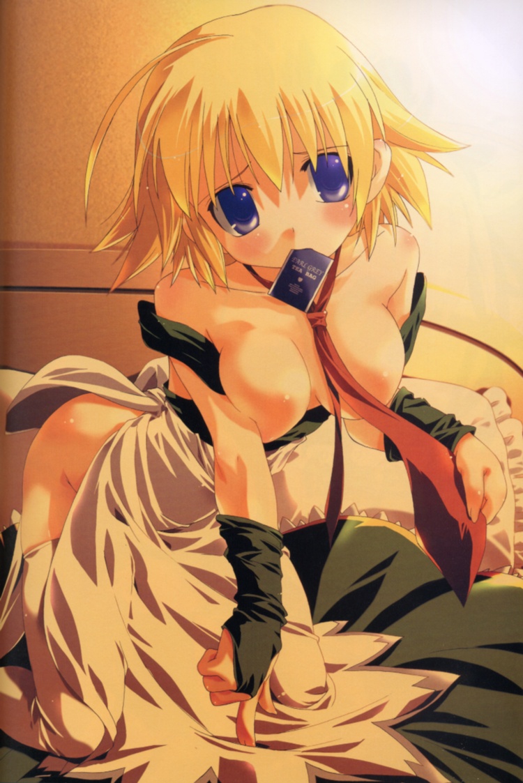 artist request, character request, source request, 1girl, bare shoulders, blonde hair, blue eyes, blush, breasts, female focus, large breasts, mouth hold, necktie, purple eyes, solo, thighhighs
