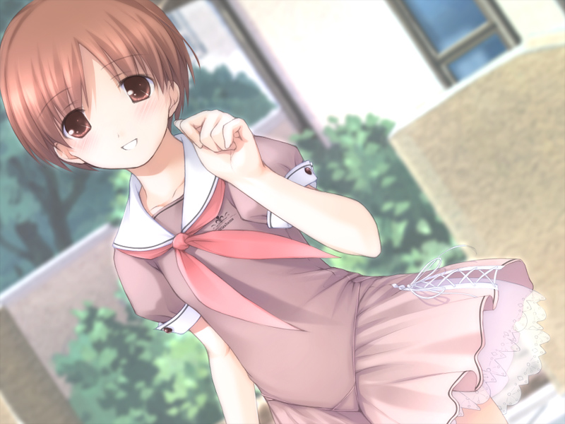 ooji, hoshizaki anon, natsunone, game cg, 1girl, blush, brown eyes, brown hair, dutch angle, female focus, school uniform, serafuku, short hair, solo