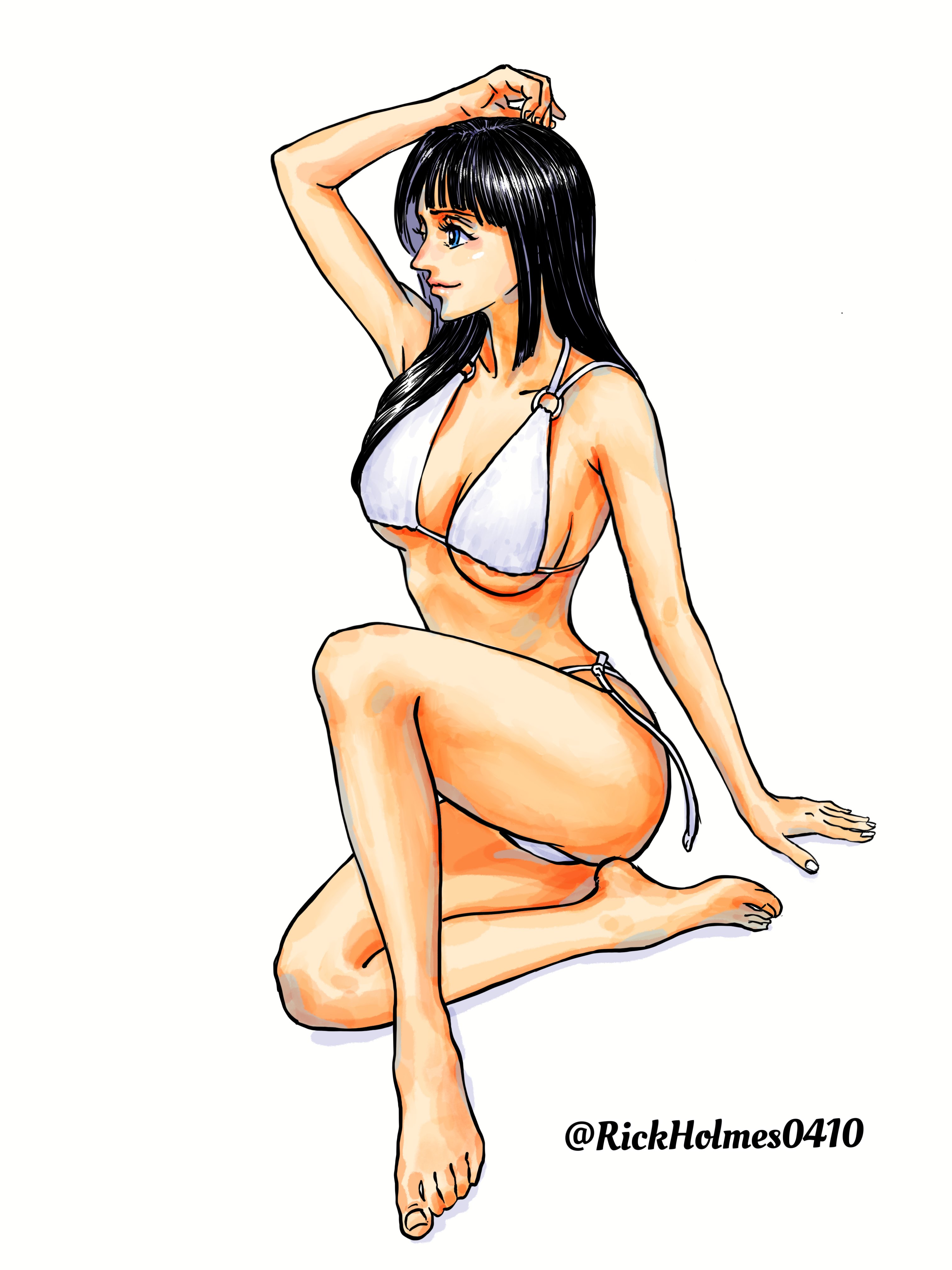 rickholmes0410, nico robin, one piece, absurdres, commentary, english commentary, highres, 1girl, arm up, bikini, black hair, blue eyes, breasts, full body, long hair, o-ring, simple background, sitting, smile, solo, swimsuit, twitter username, underboob, white background, white bikini