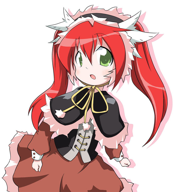 shirika, emilia, emilia (yggdra union), yggdra union, eyebrows, 1girl, capelet, dress, female focus, green eyes, headband, long sleeves, looking at viewer, open mouth, red hair, simple background, solo, twintails, white background, wrist cuffs