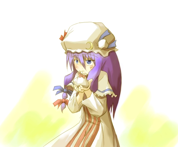 patchouli knowledge, touhou, 1girl, blue eyes, blue ribbon, blush, capelet, crescent, crescent hair ornament, dress, female focus, hair ornament, hair ribbon, hat, long hair, mob cap, pouch, purple hair, red ribbon, ribbon, simple background, solo, striped clothes, striped dress, vertical stripes, white background