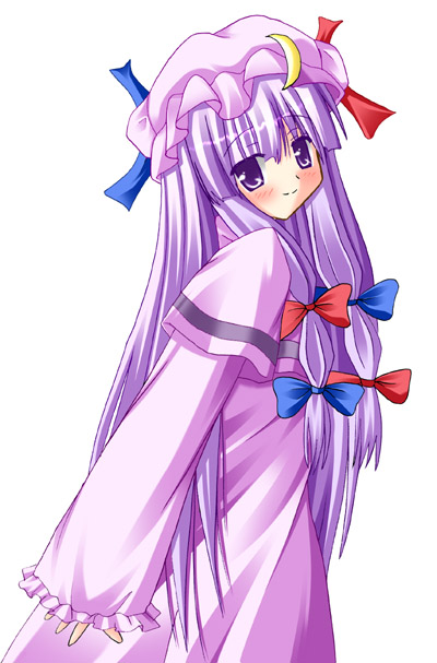 patchouli knowledge, touhou, 1girl, bow, crescent, dress, female focus, hat, mob cap, purple eyes, purple hair, ribbon, simple background, solo, two side up